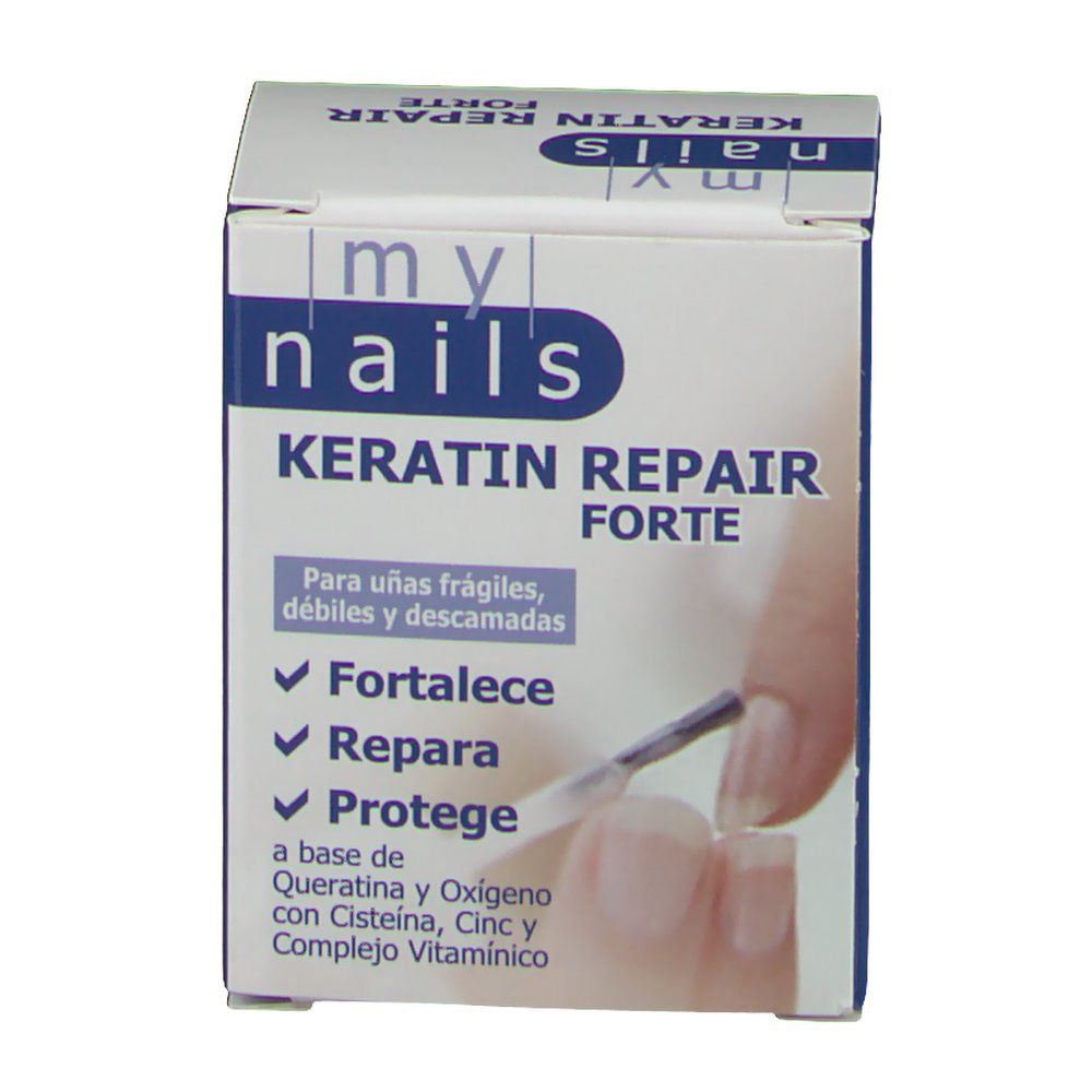 Confezione del prodotto con nome e designazione. Scritta: my nails KERATIN REPAIR FORTE. Mano con pennello sulla confezione.
