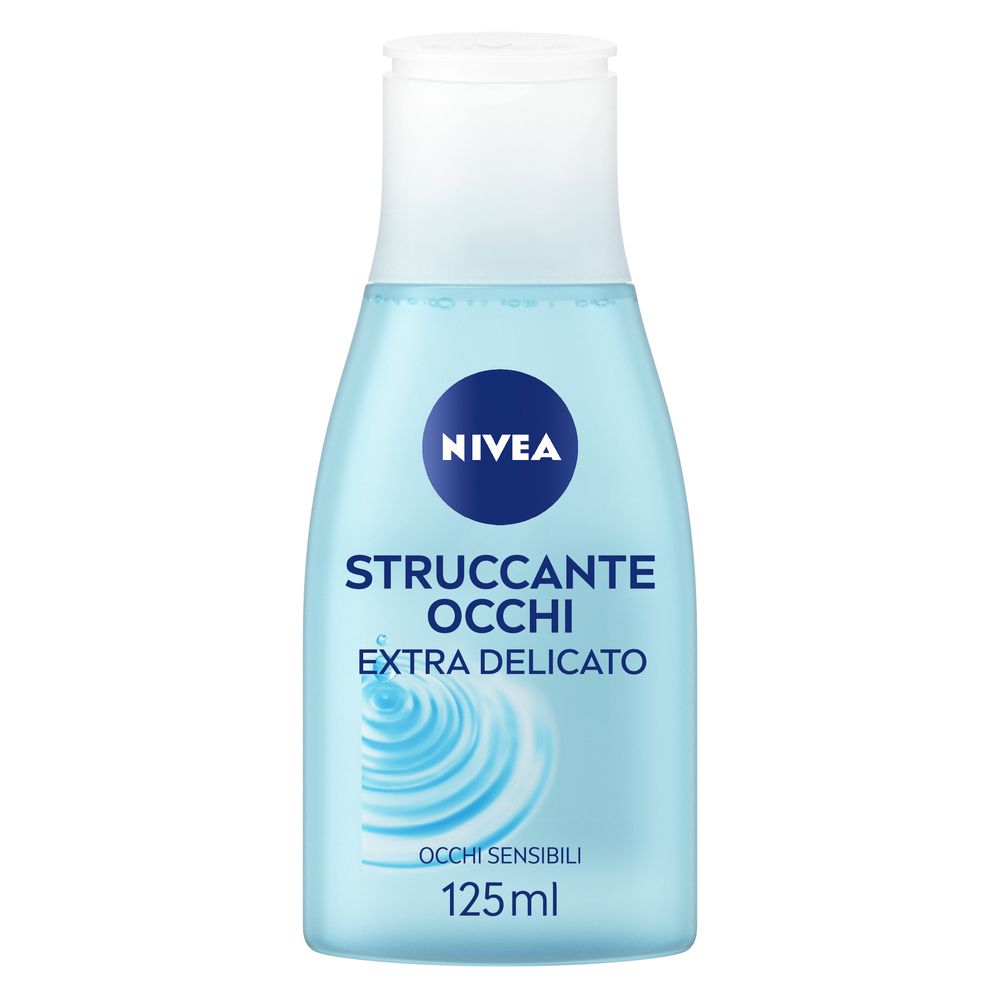 Flacone blu e bianco con logo Nivea e testo: Struccante Occhi Extra Delicato, Occhi Sensibili. 125ml.