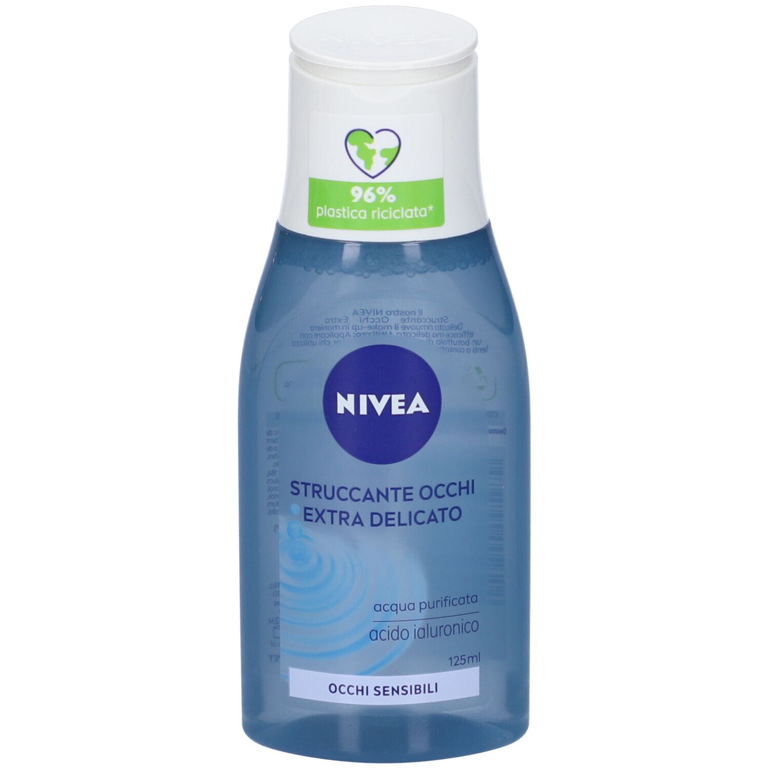 Flacone blu e bianco con logo Nivea e testo: Struccante Occhi Extra Delicato, Occhi Sensibili. Logo 96% plastica riciclata.