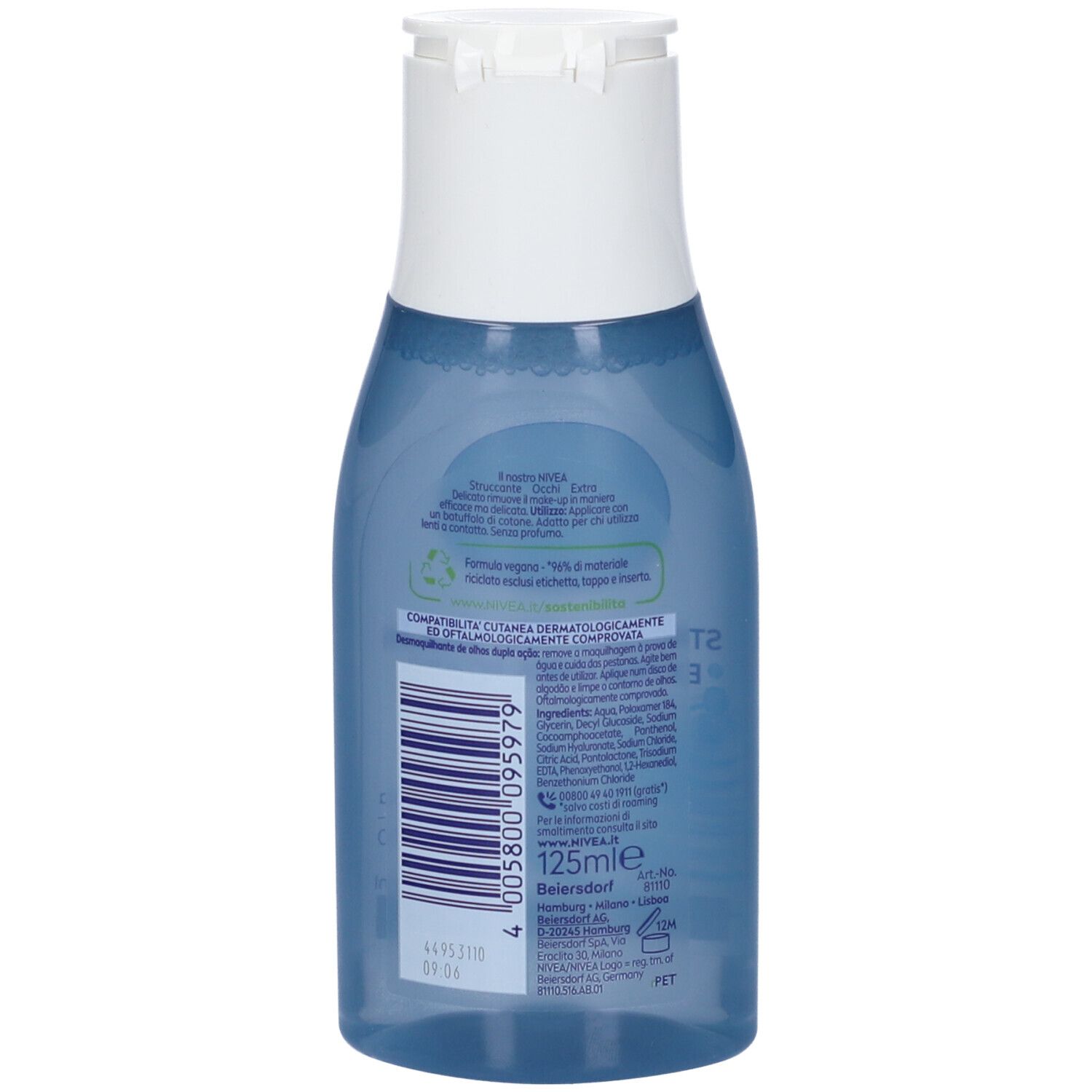 Retro del flacone. Testo: Ingredienti, informazioni produttore, 125ml, logo riciclo.