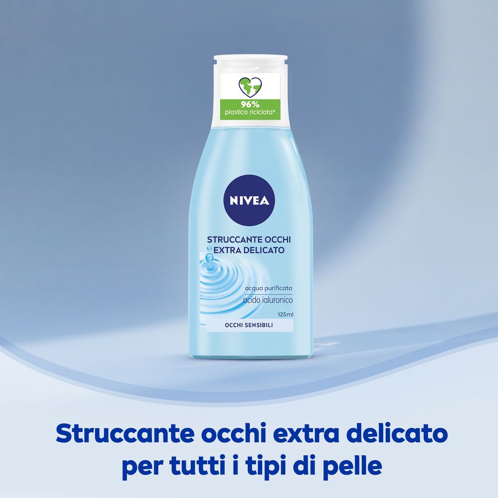 Flacone blu e bianco con logo Nivea, testo: Struccante Occhi Extra Delicato. Logo 96% plastica riciclata.