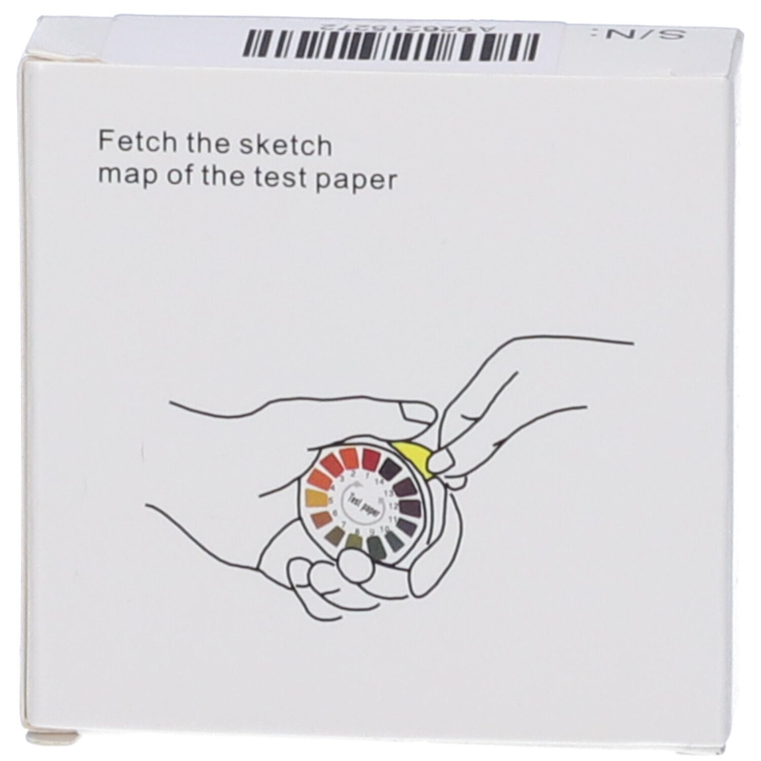 Scatola bianca con disegno. Mani che tengono una striscia reattiva rotonda. Testo: Fetch the sketch map of the test paper.