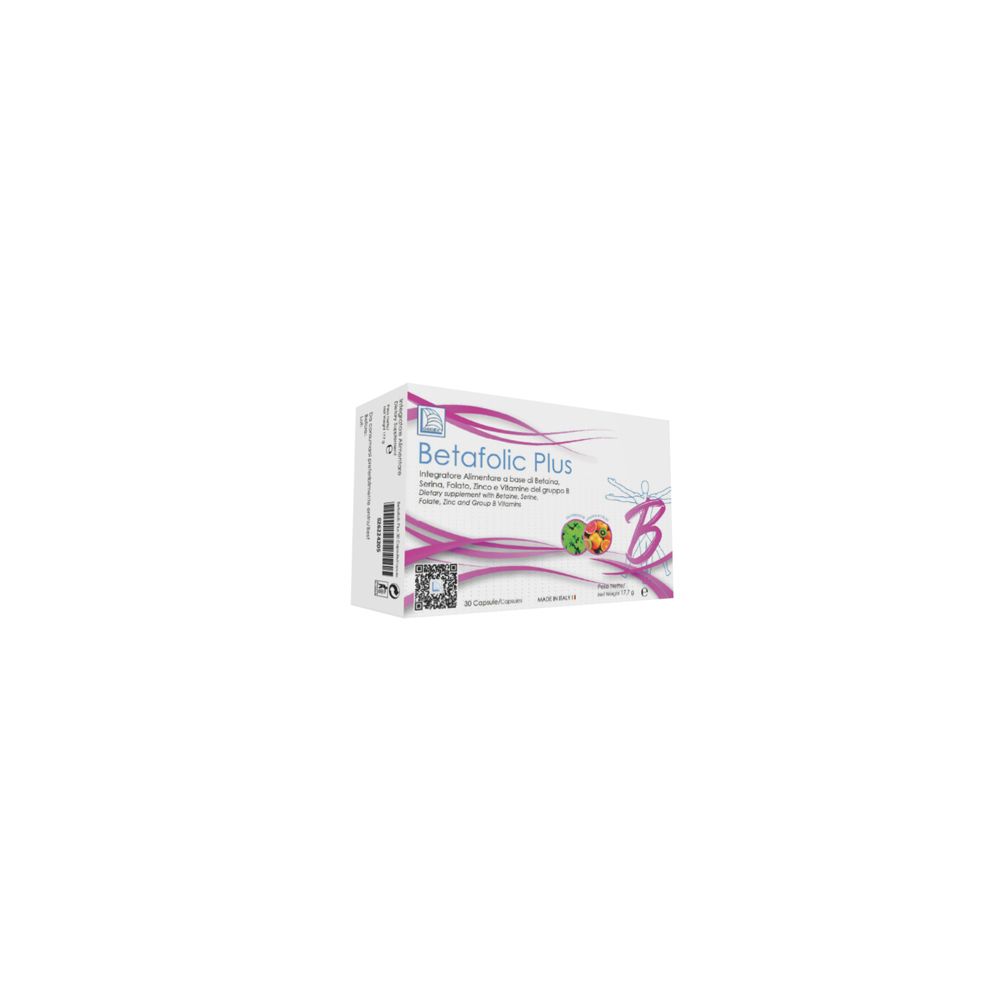 Scatola di Betafolic Plus. Bianca con dettagli rosa. Nome del prodotto e logo visibili.