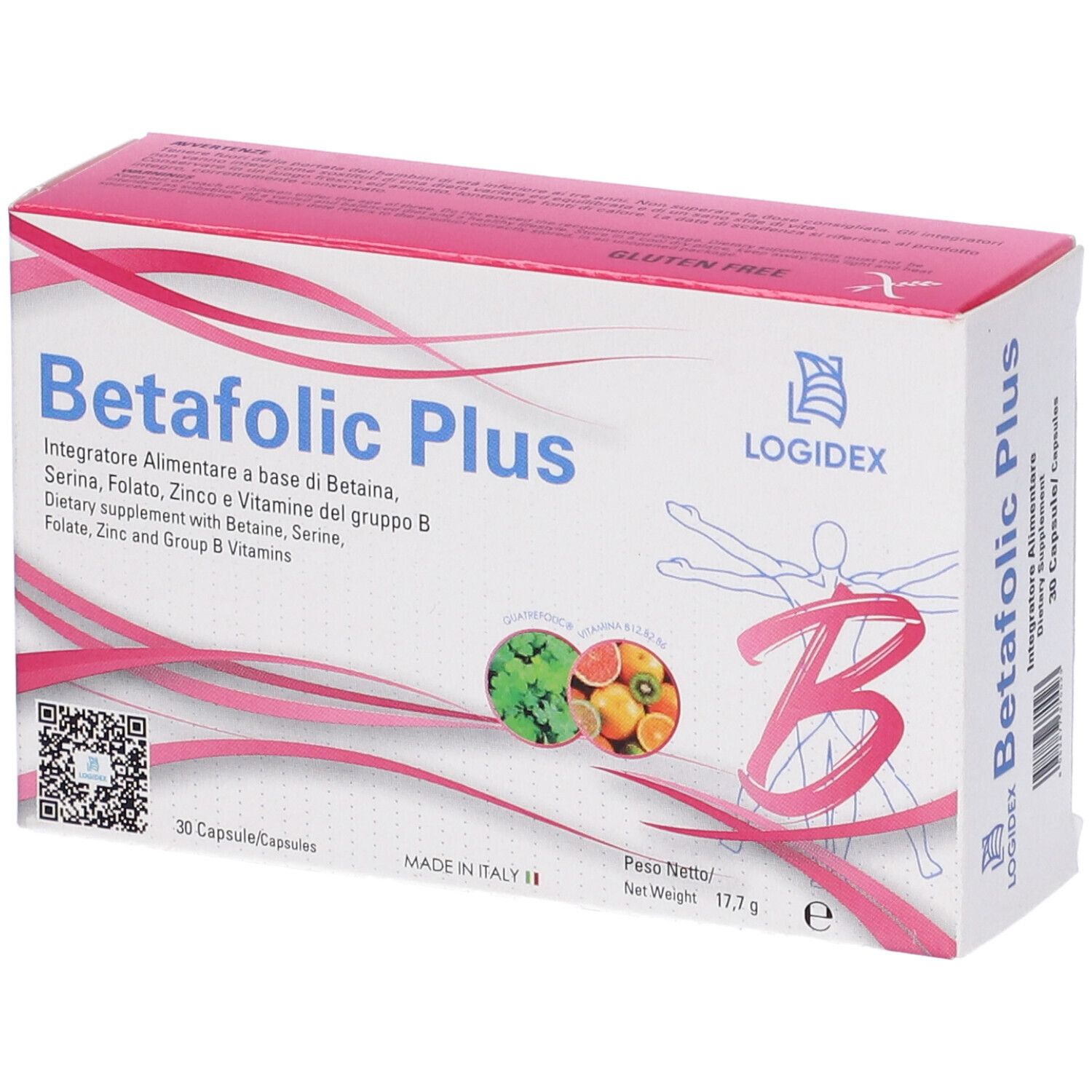 Confezione di Betafolic Plus. Bianca e rosa. Contiene 30 capsule. Nome e ingredienti.