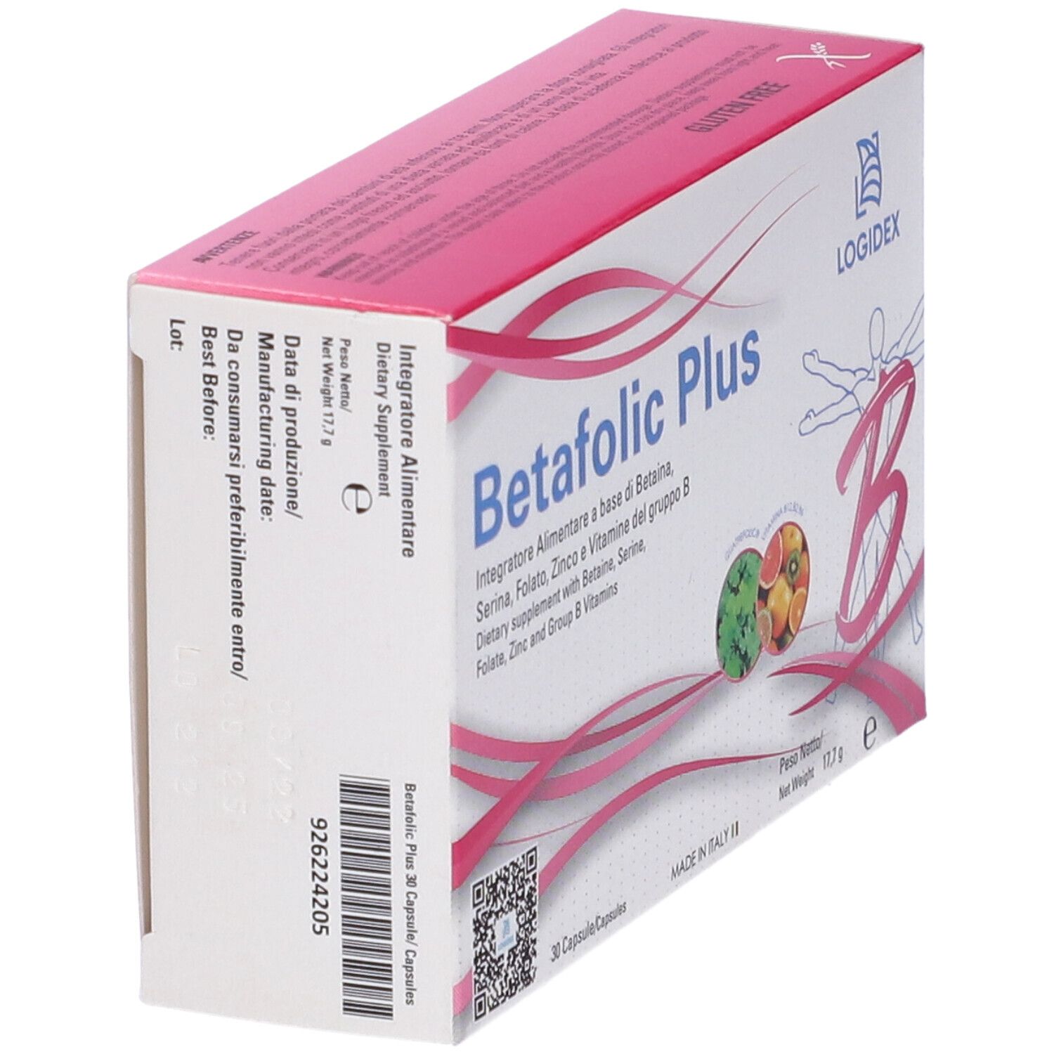 Confezione di Betafolic Plus. Rosa e bianca. Contiene 30 capsule. Nome e ingredienti.