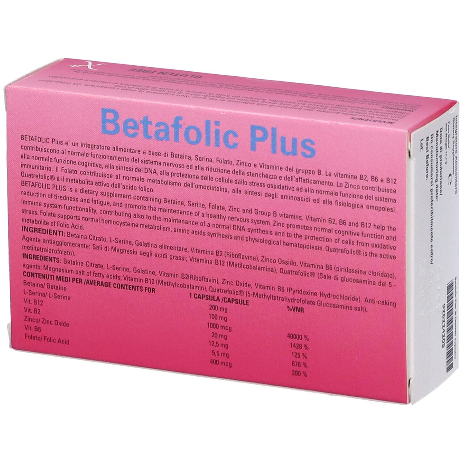 Retro della confezione di Betafolic Plus. Rosa. Contiene informazioni su ingredienti e valori nutrizionali.