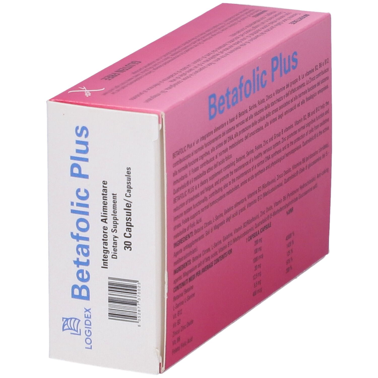 Confezione di Betafolic Plus. Rosa e bianca. Contiene 30 capsule. Nome e ingredienti.