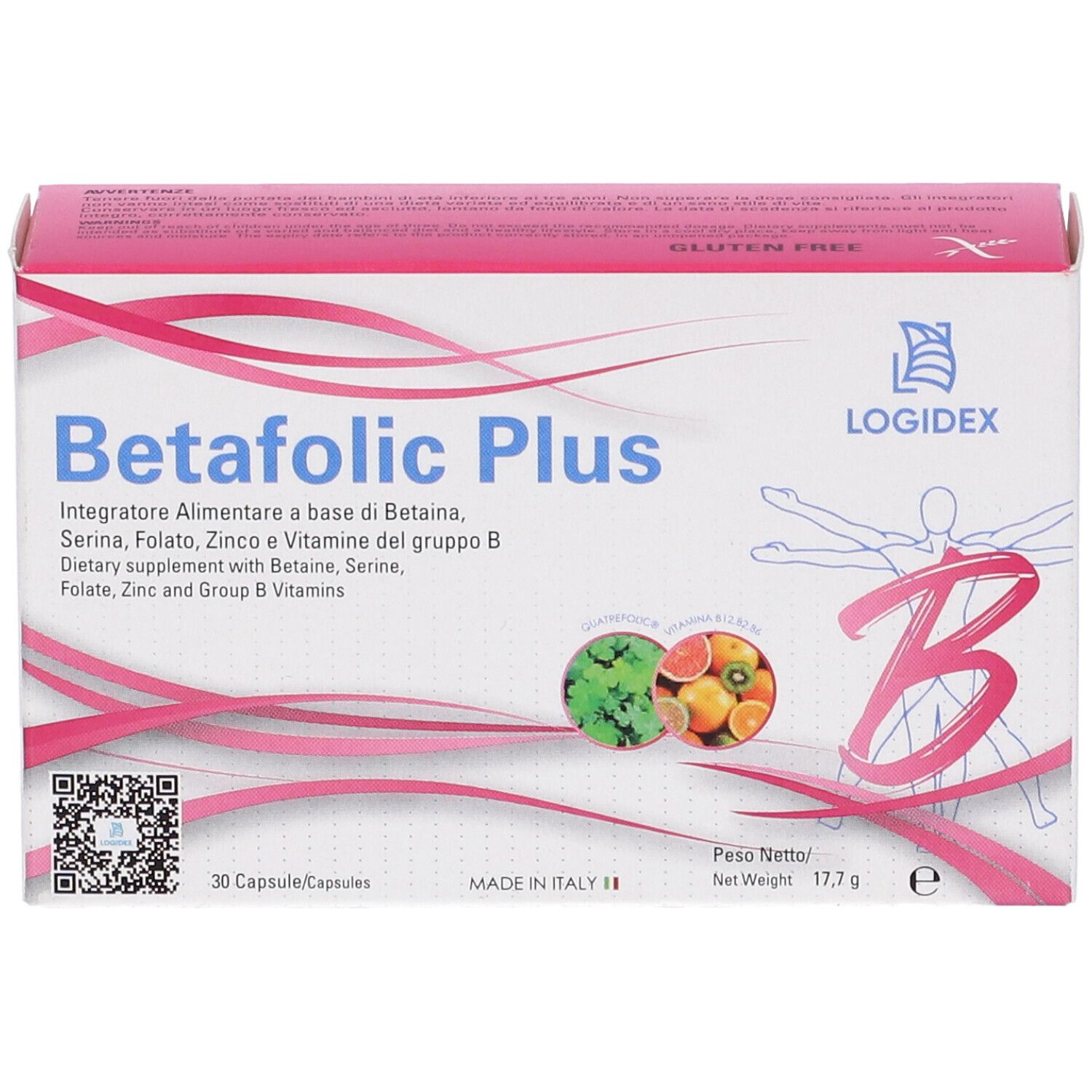 Confezione di Betafolic Plus. Bianca e rosa. Contiene 30 capsule. Nome e logo visibili.