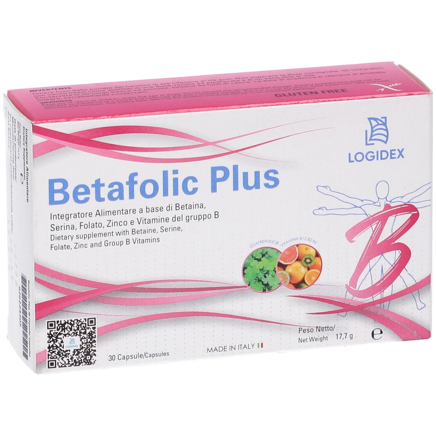 Confezione di Betafolic Plus. Bianca e rosa. Contiene 30 capsule. Nome e logo visibili.