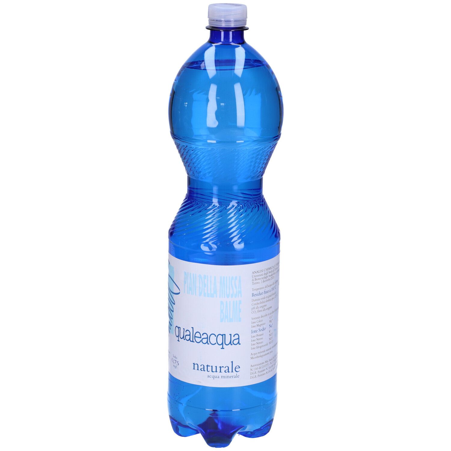 Bottiglia di plastica blu con etichetta bianca. Scritta: qualeacqua naturale.
