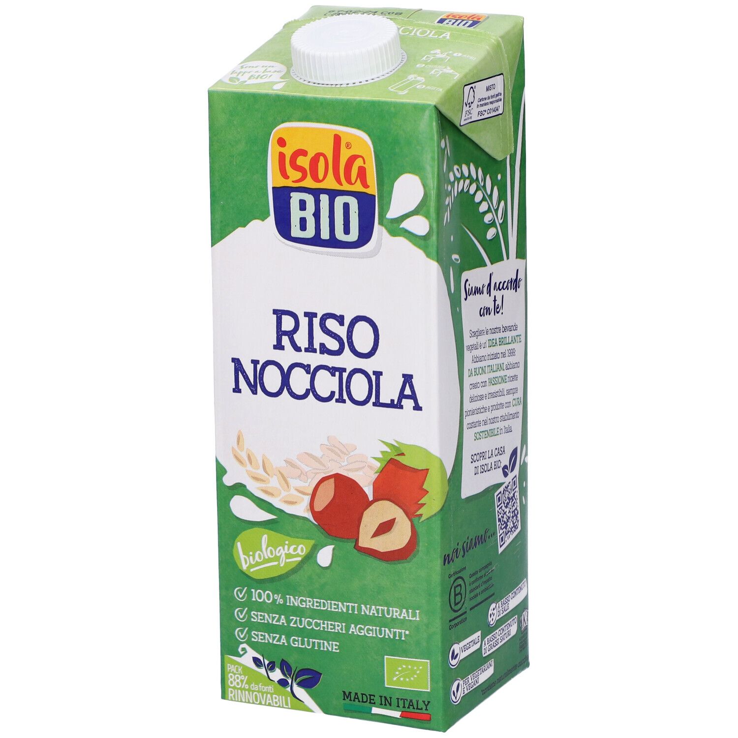 Confezione verde "Isola Bio Riso Nocciola". Immagine di riso, nocciole. Biologico, senza zuccheri aggiunti, senza glutine.