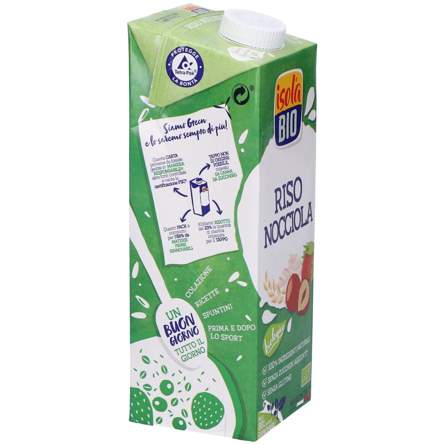 Confezione verde "Isola Bio Riso Nocciola". Testo e illustrazioni. Contiene informazioni su sostenibilità e ingredienti.