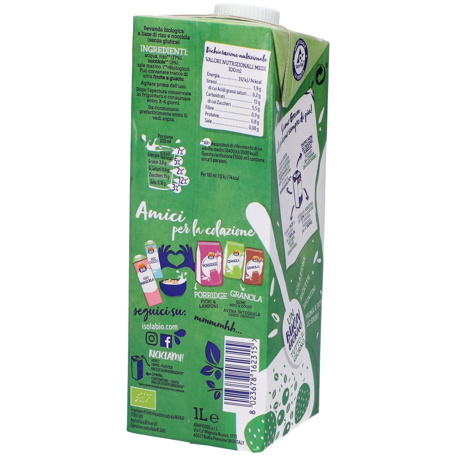 Retro della confezione verde "Isola Bio Riso Nocciola". Contiene informazioni nutrizionali, elenco ingredienti e altro.