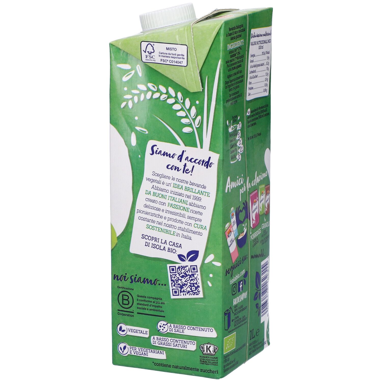 Confezione verde "Isola Bio Riso Nocciola". Vista laterale con testo e loghi. Contiene informazioni sulla sostenibilità.