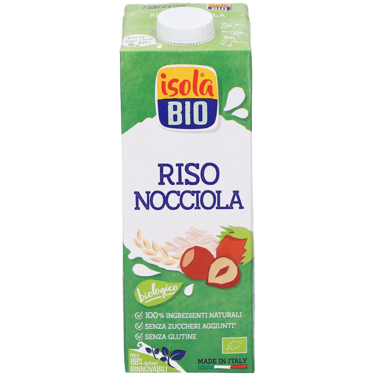 Confezione verde "Isola Bio Riso Nocciola". Vista frontale con nome del prodotto, illustrazioni e certificazioni.