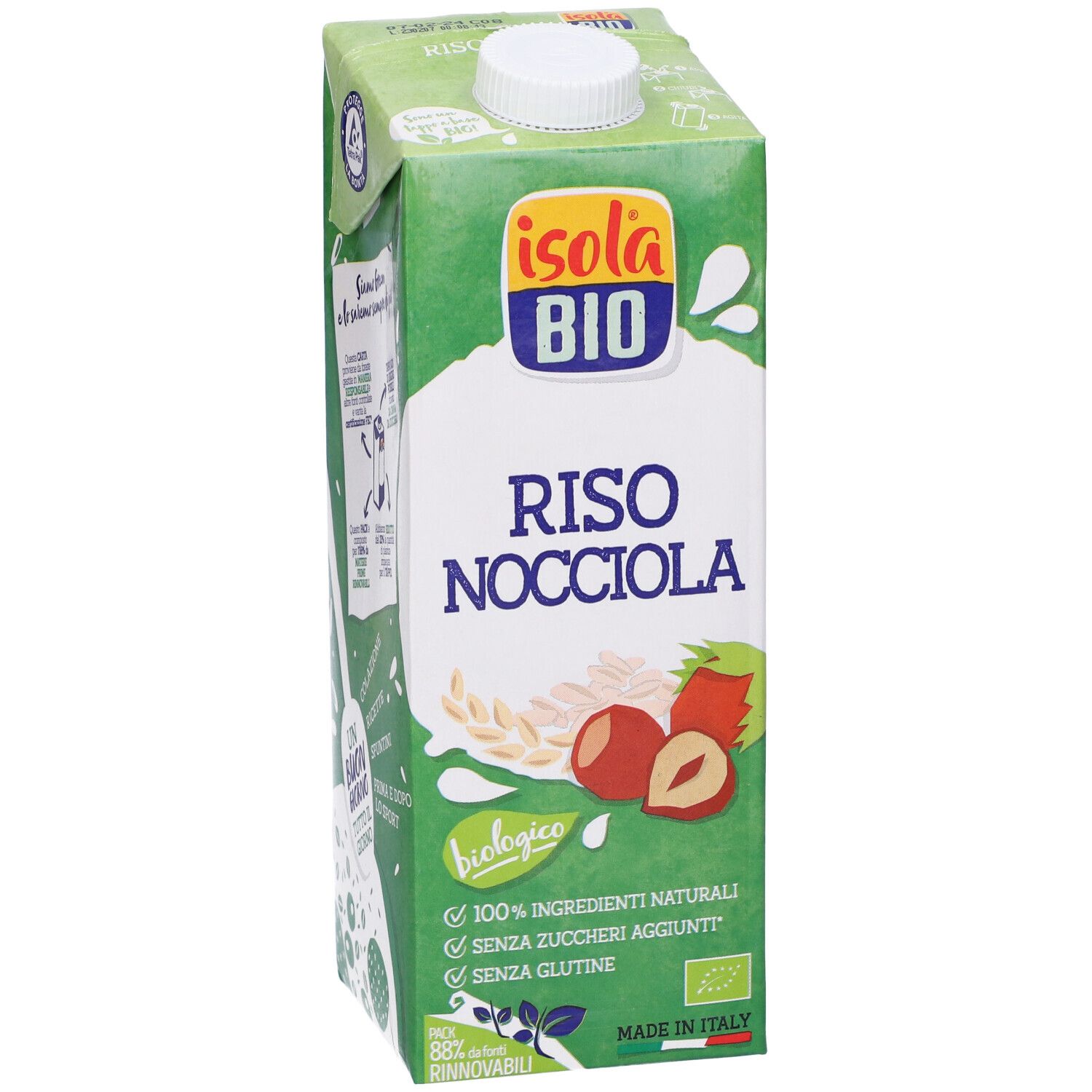 Confezione verde "Isola Bio Riso Nocciola". Vista frontale con nome del prodotto, illustrazioni e certificazioni.