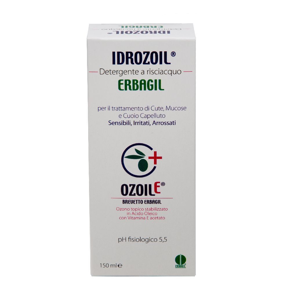 Confezione bianca con nome prodotto IDROZOIL e ERBAGIL. Testo: Detergente a risciacquo. Logo con ramo d'ulivo e croce.