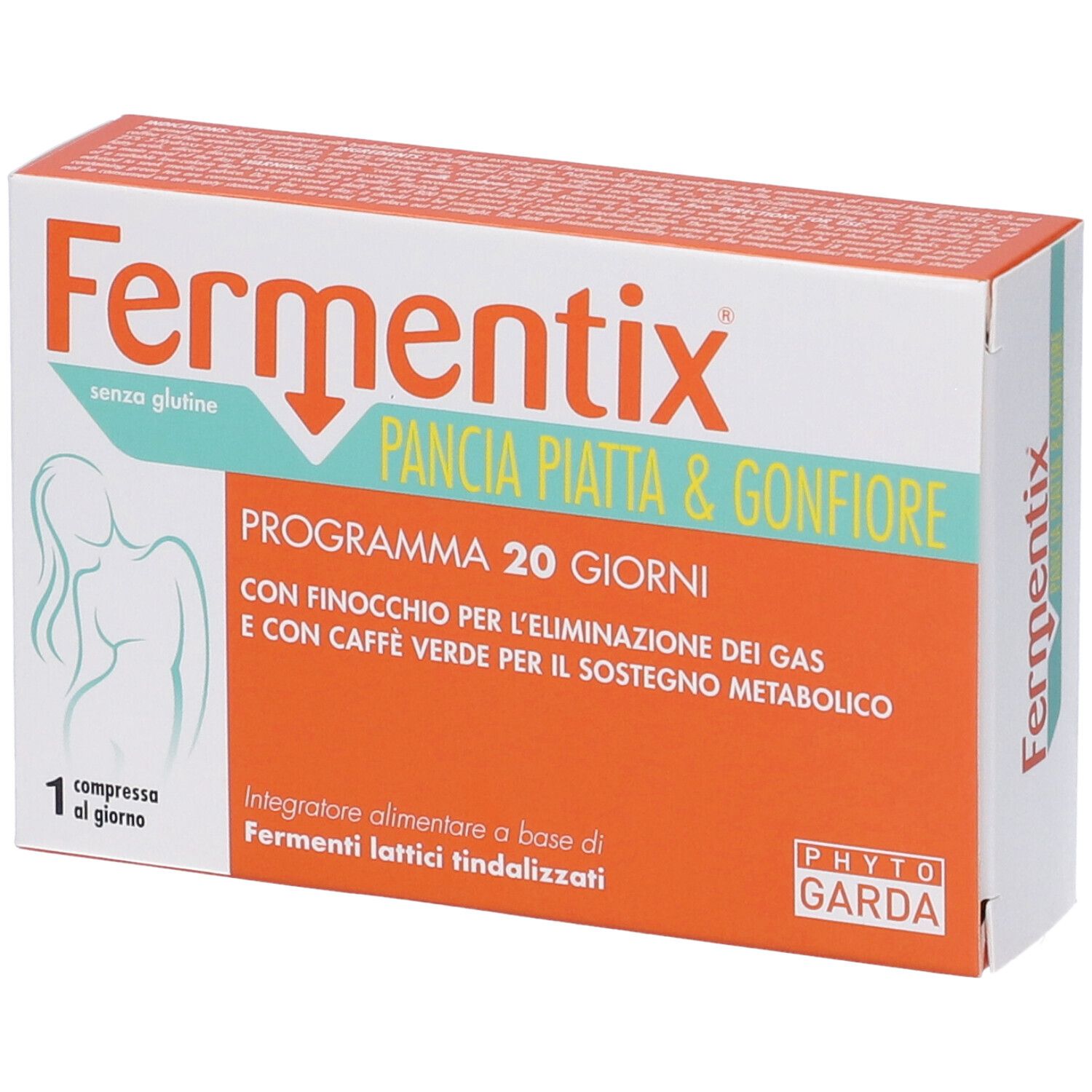 Verpackung von Fermentix. Aufschrift: Pancia Piatta & Gonfiore. Enthält 20 Tabletten. Marke: Phyto Garda Medical Line.