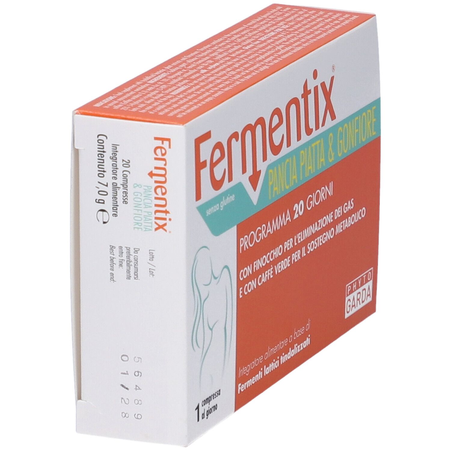 Verpackung von Fermentix. Aufschrift: Pancia Piatta & Gonfiore. Enthält 20 Tabletten. Marke: Phyto Garda Medical Line.