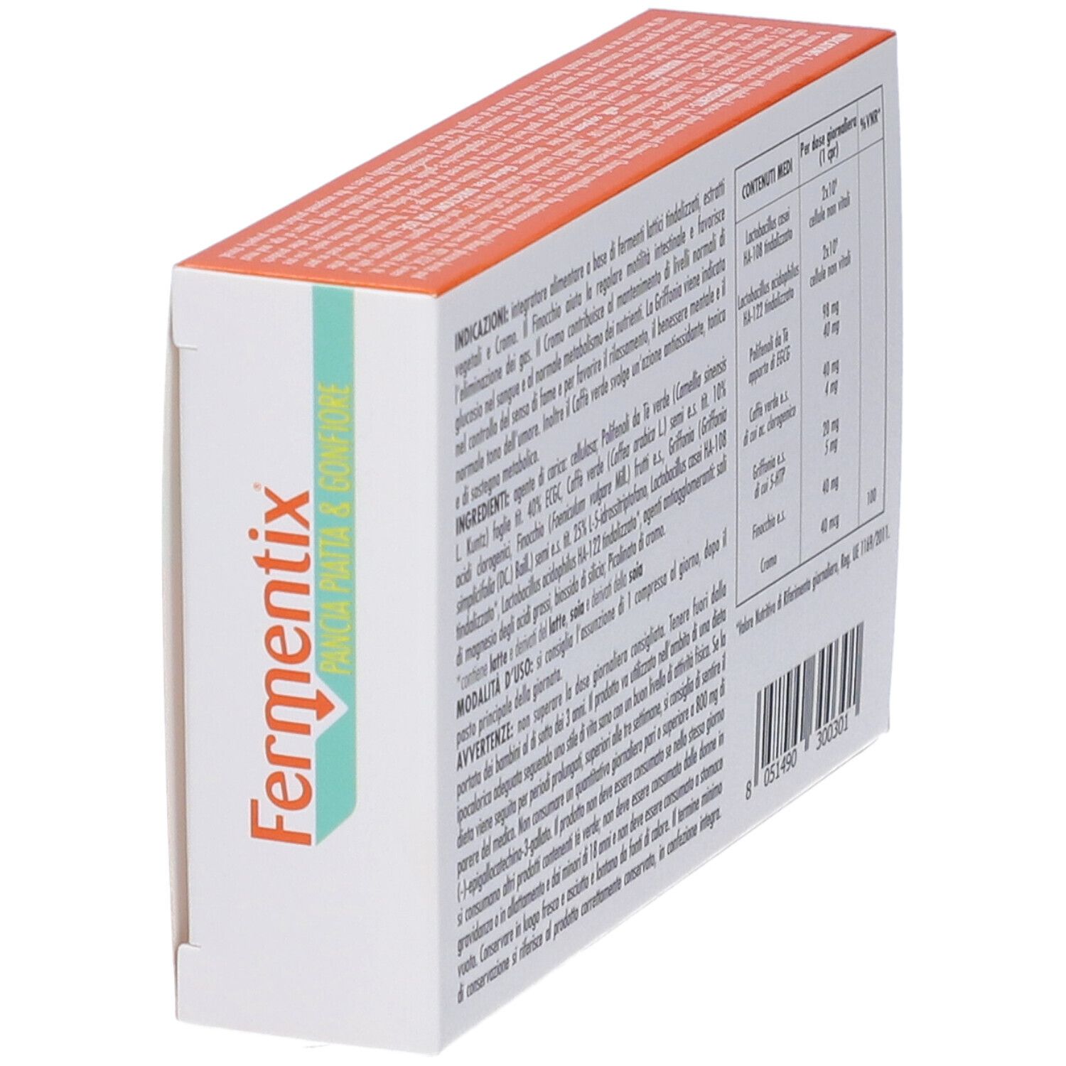 Seitenansicht der Fermentix-Verpackung. Enthält Inhaltsstoffe und Nährwertangaben. Marke: Phyto Garda Medical Line.