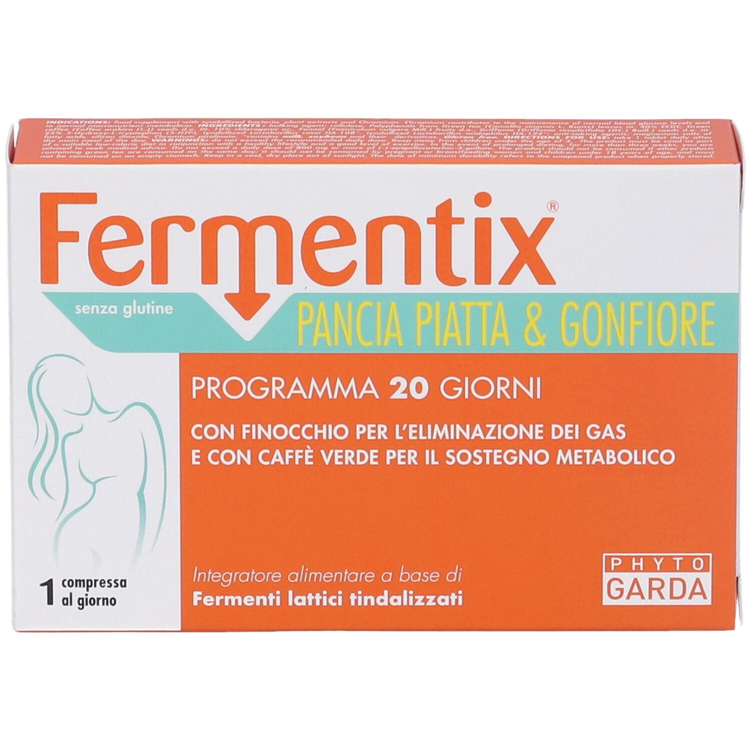 Verpackung von Fermentix. Aufschrift: Pancia Piatta & Gonfiore. Enthält 20 Tabletten. Marke: Phyto Garda Medical Line.