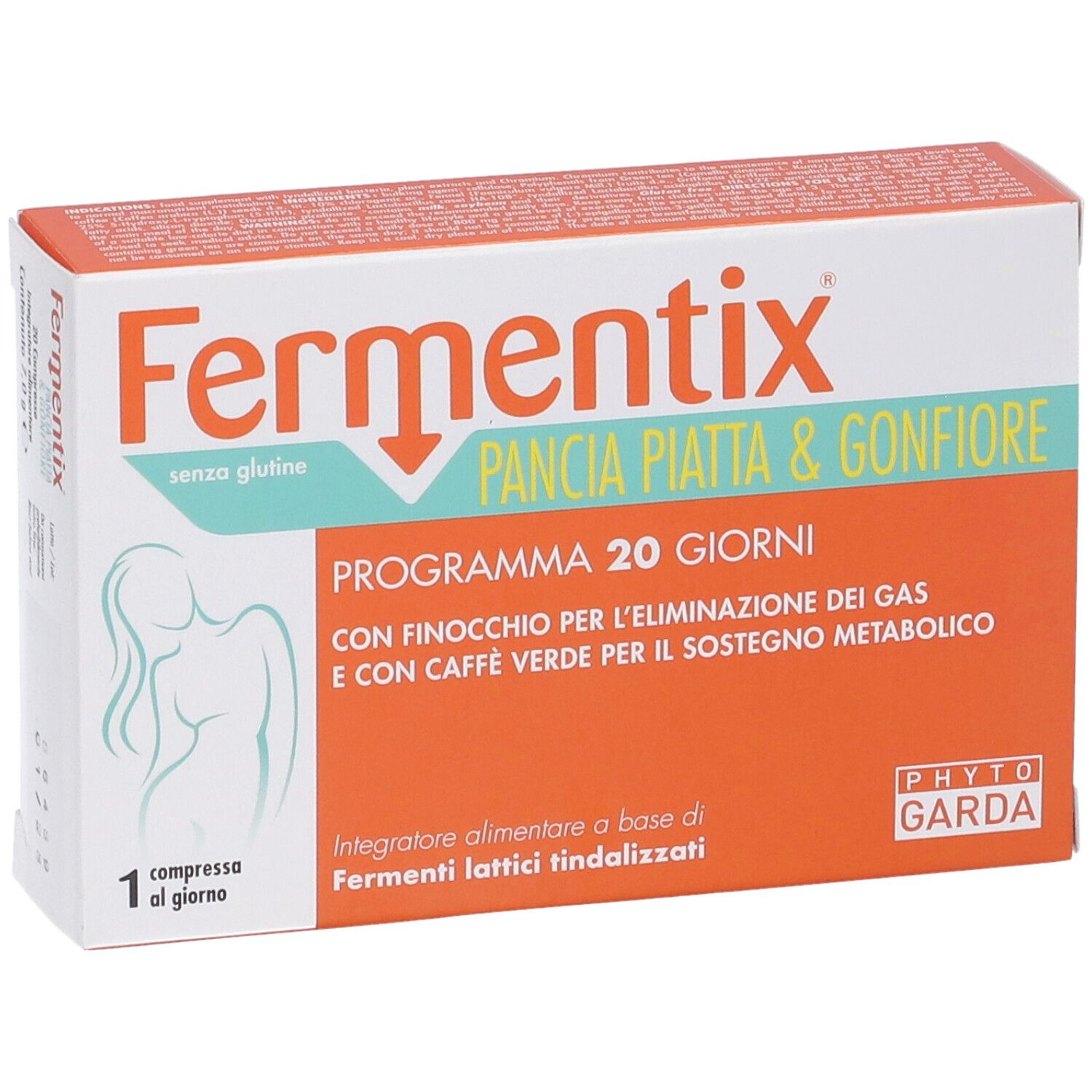 Verpackung von Fermentix. Aufschrift: Pancia Piatta & Gonfiore. Enthält 20 Tabletten. Marke: Phyto Garda Medical Line.