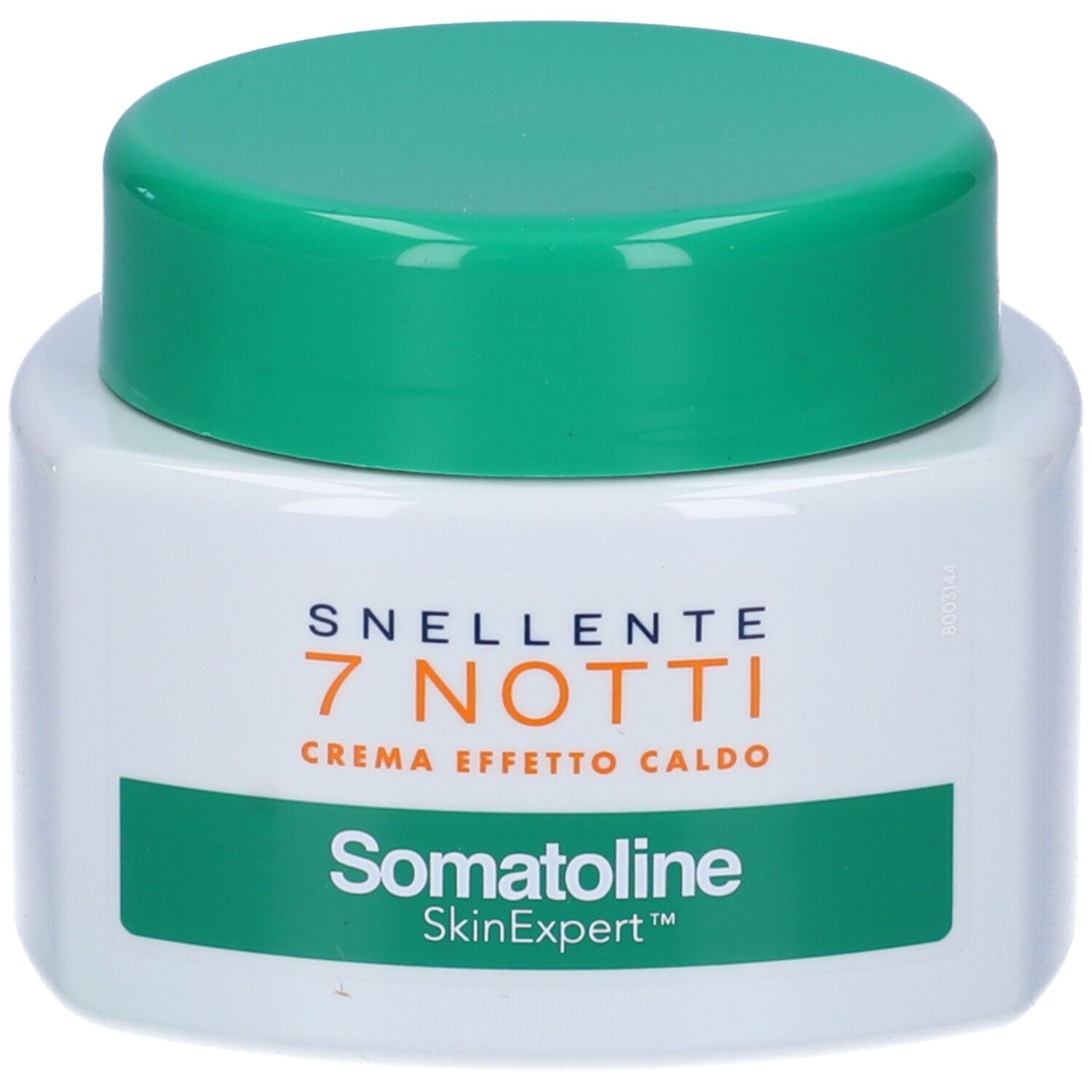 Vaso bianco con coperchio verde. Scritta: 7 Notti, Crema Effetto Caldo, Somatoline SkinExpert.