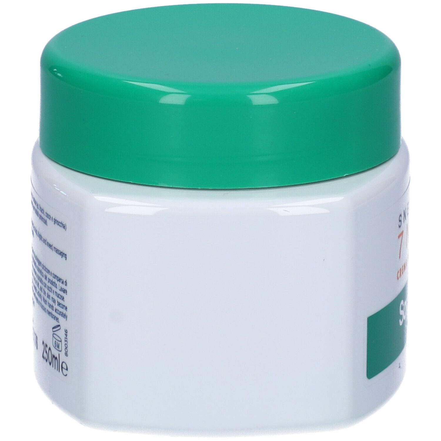 Vaso bianco con coperchio verde. Sul lato testo e un'etichetta verde.