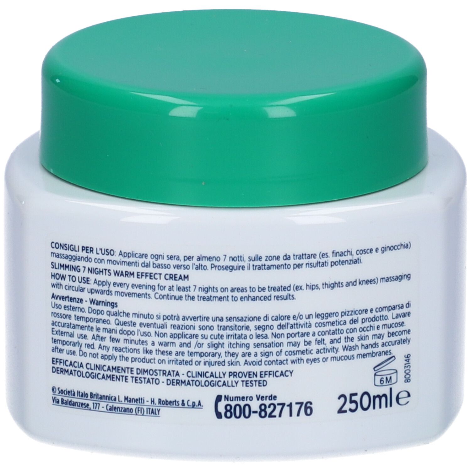Retro di un vaso bianco con coperchio verde. Testo in italiano e inglese.