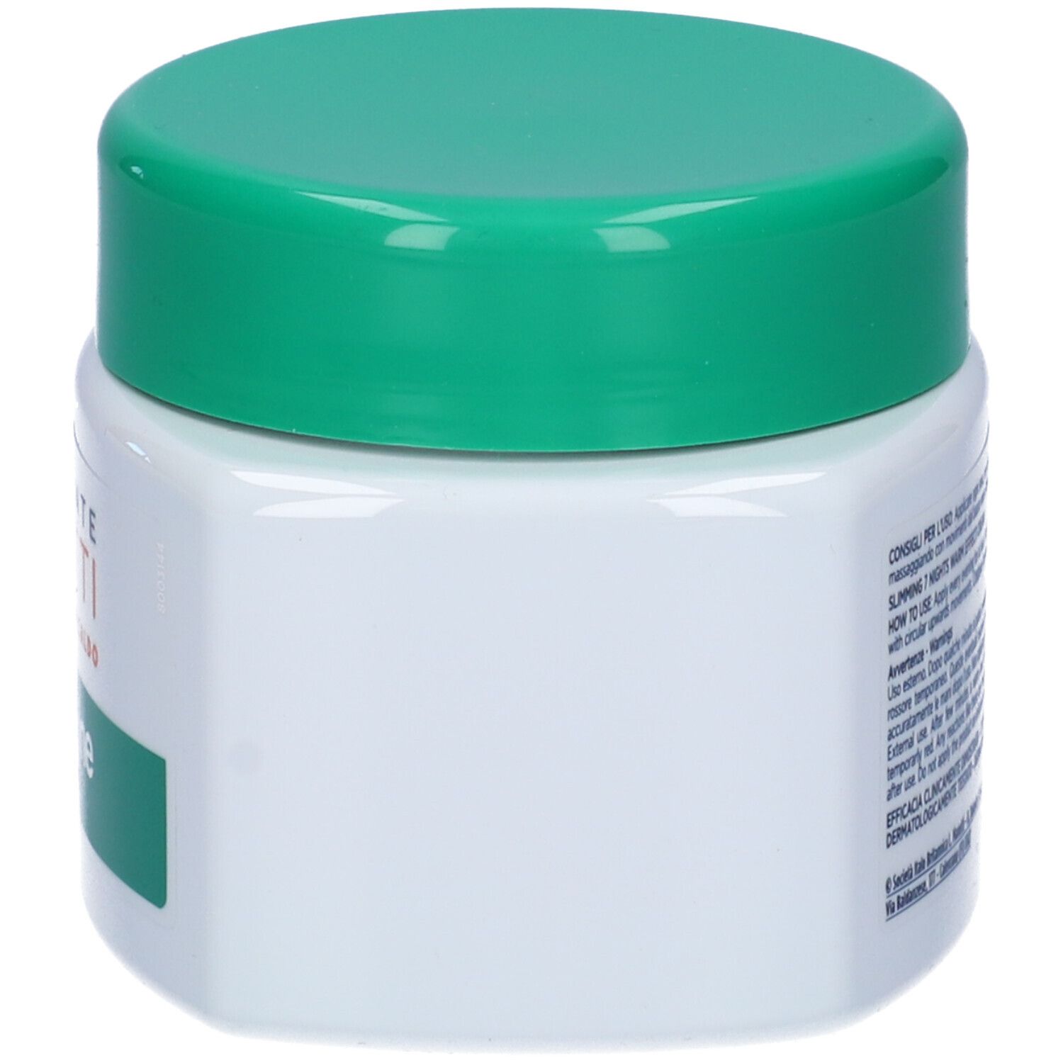Vaso bianco con coperchio verde. Sul lato testo e un'etichetta verde.