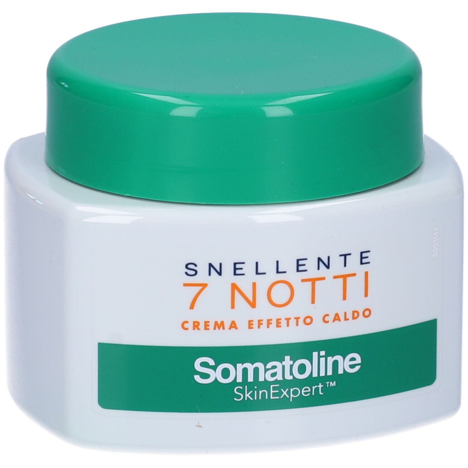 Vaso bianco con coperchio verde. Scritta: 7 Notti, Crema Effetto Caldo, Somatoline SkinExpert.