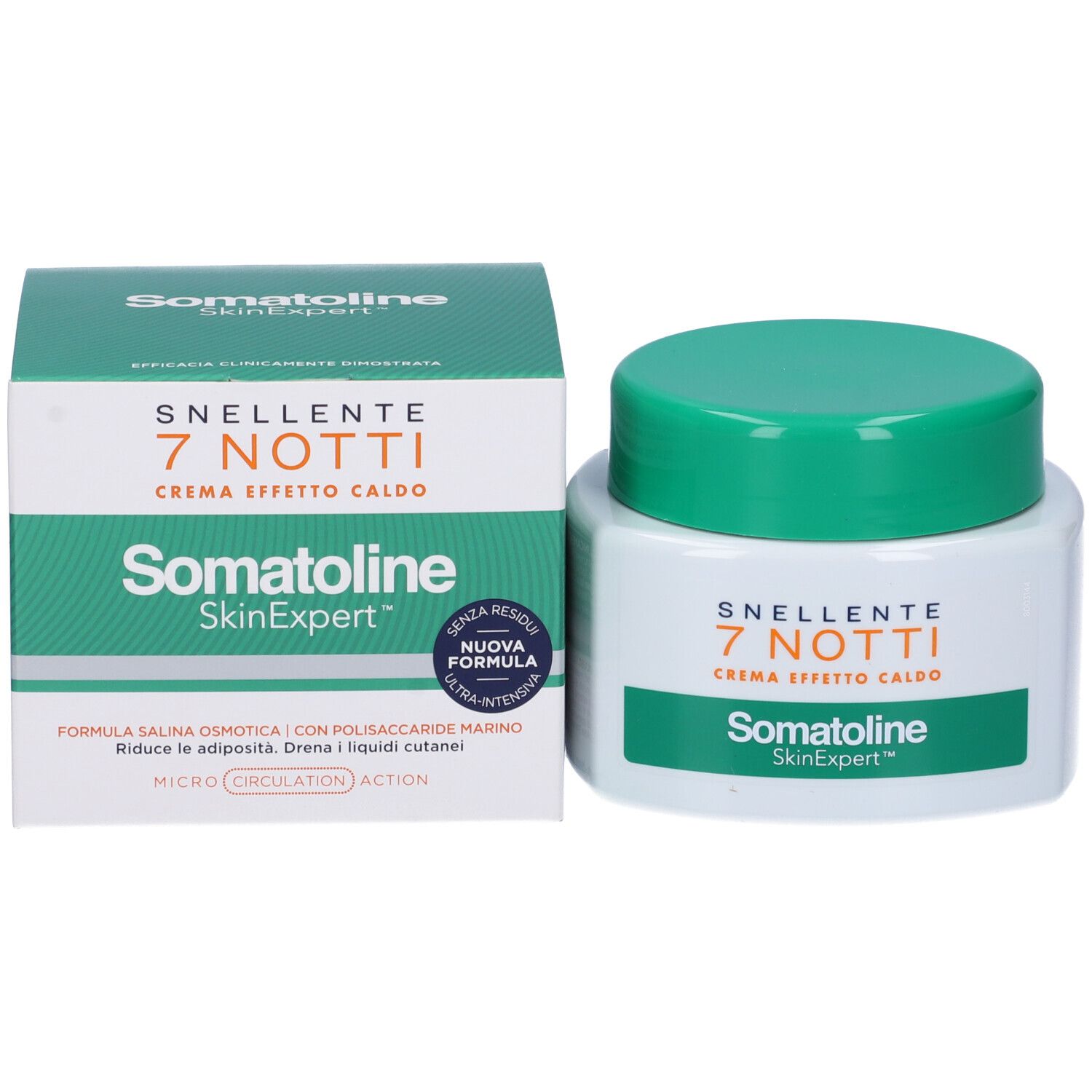 Confezione e vaso del prodotto. Scritta: 7 Notti, Crema Effetto Caldo, Somatoline SkinExpert.