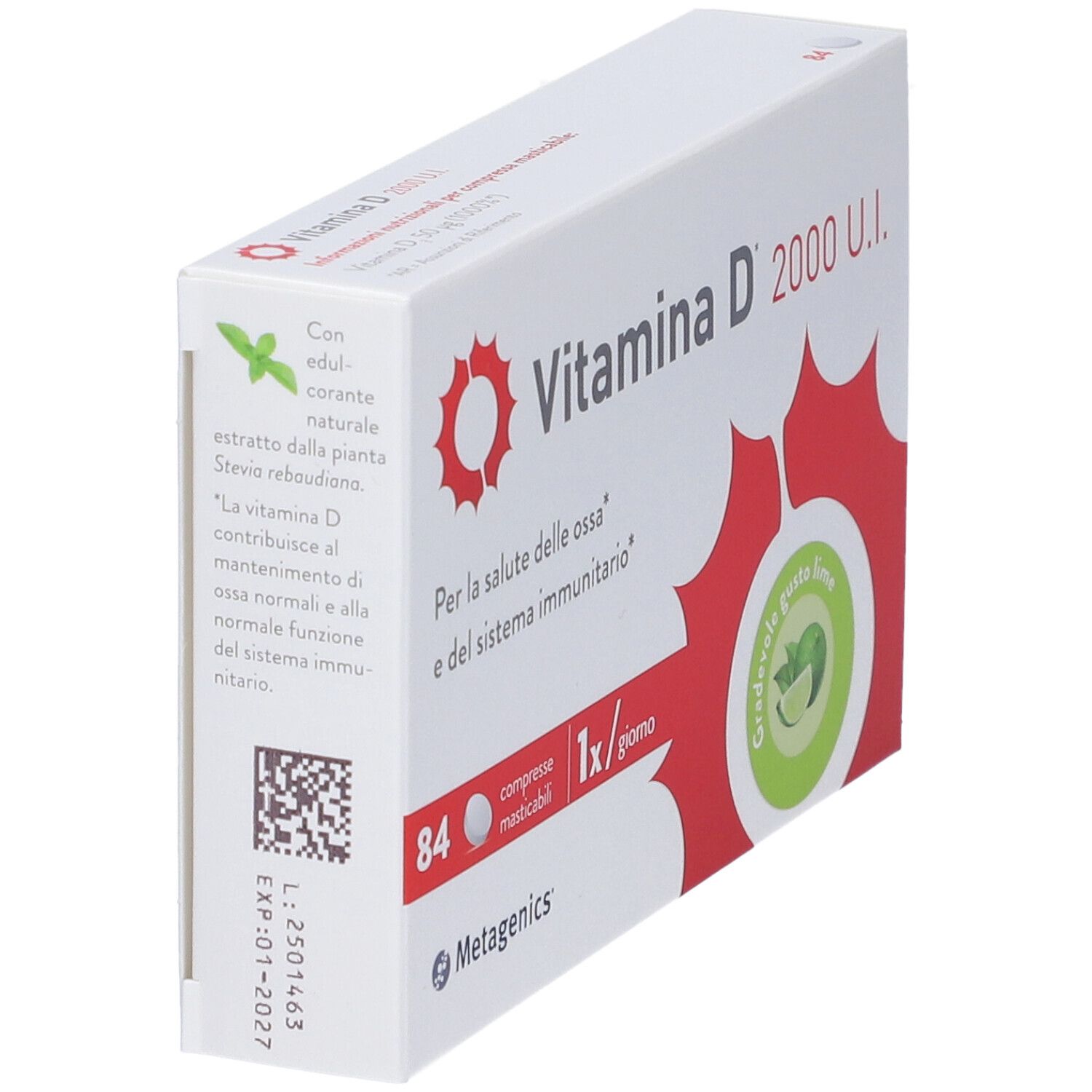 Verpackung von Vitamin D 2000 U.I. Tabletten. Enthält 84 Tabletten. Mit rotem Logo und Schriftzug. Geschmack: Limette.