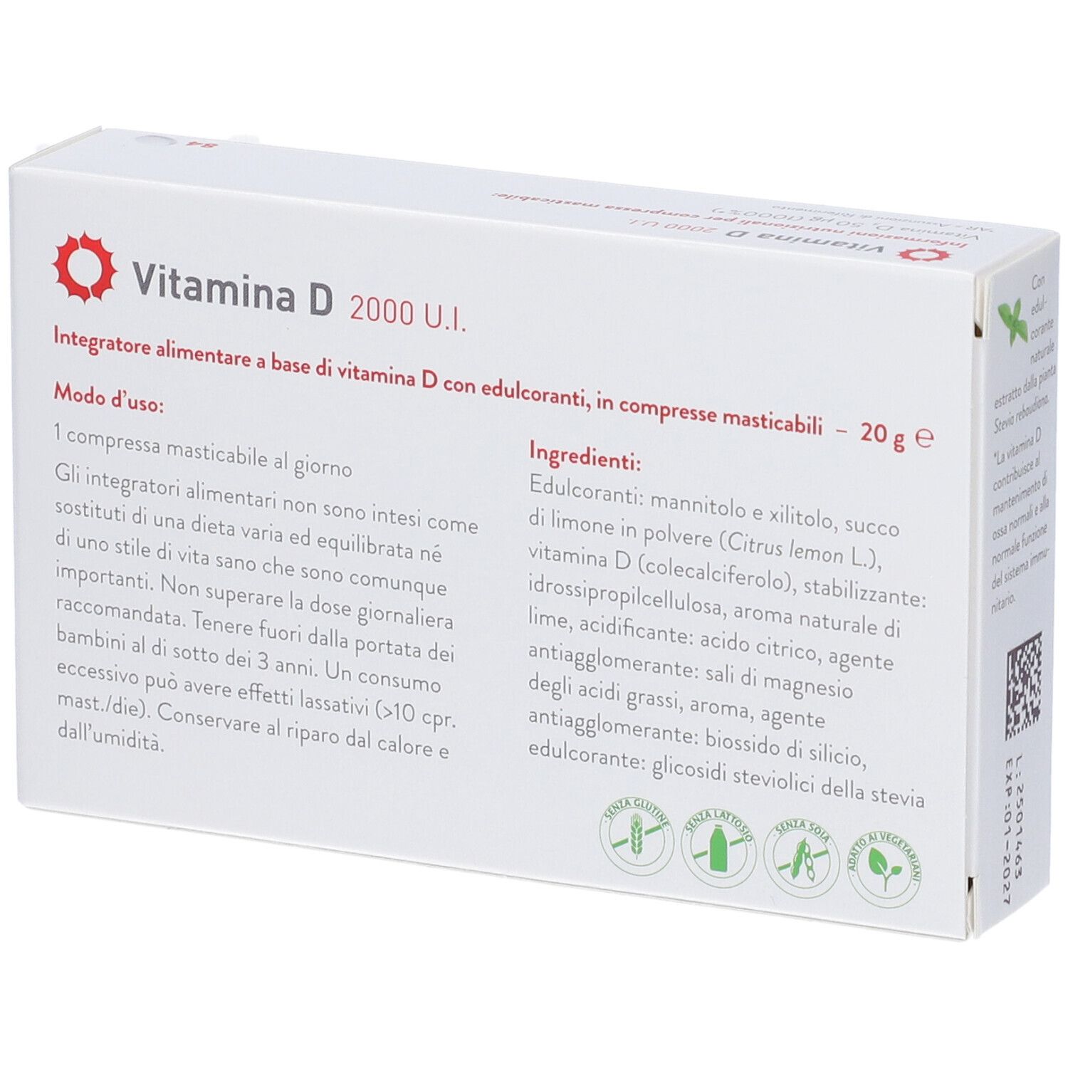 Rückseite der Verpackung von Vitamin D 2000 U.I. Tabletten. Enthält Inhaltsstoffe und Anwendungshinweise.