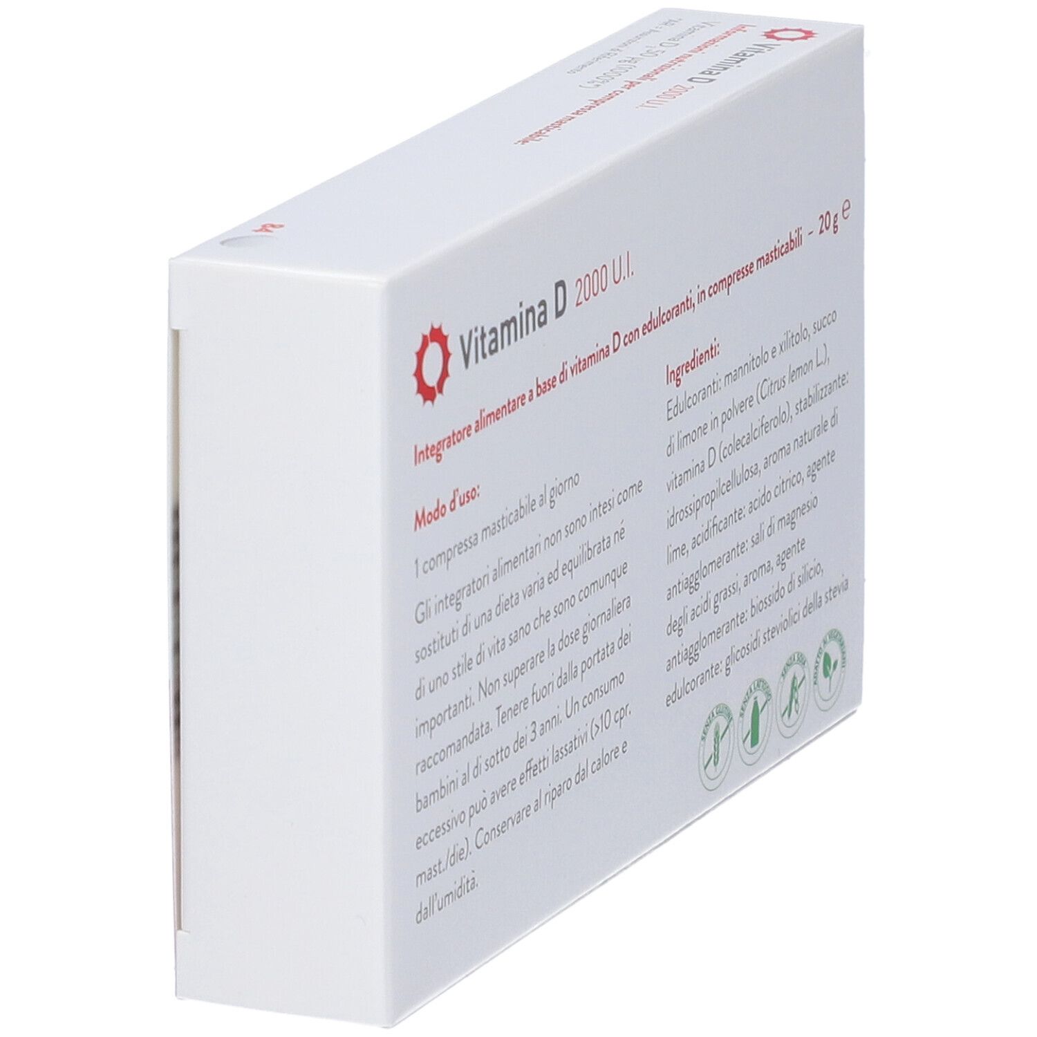 Seitenansicht der Verpackung von Vitamin D 2000 U.I. Tabletten. Enthält Inhaltsstoffe und Anwendungshinweise.