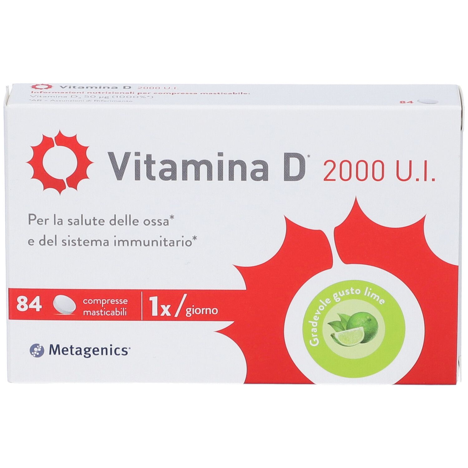 Verpackung von Vitamin D 2000 U.I. Tabletten. Enthält 84 Tabletten. Mit rotem Logo und Schriftzug. Geschmack: Limette.