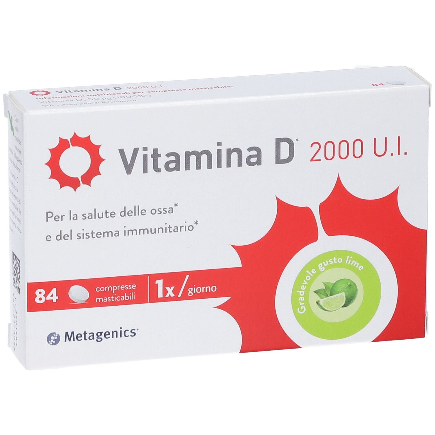 Verpackung von Vitamin D 2000 U.I. Tabletten. Enthält 84 Tabletten. Mit rotem Logo und Schriftzug. Geschmack: Limette.