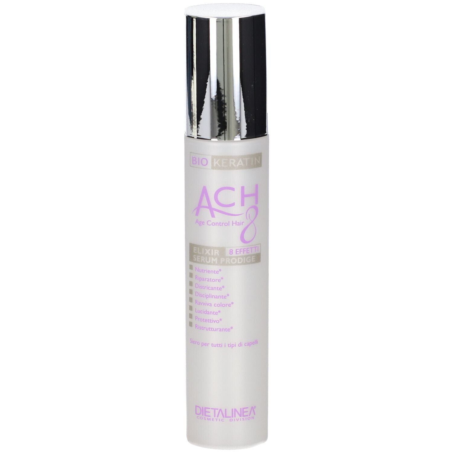 Weiße Flasche mit silbernem Pumpspender. Beschriftung: BIO KERATIN ACH8 Age Control Hair Elixir 8 Effekte Serum / Lodice.