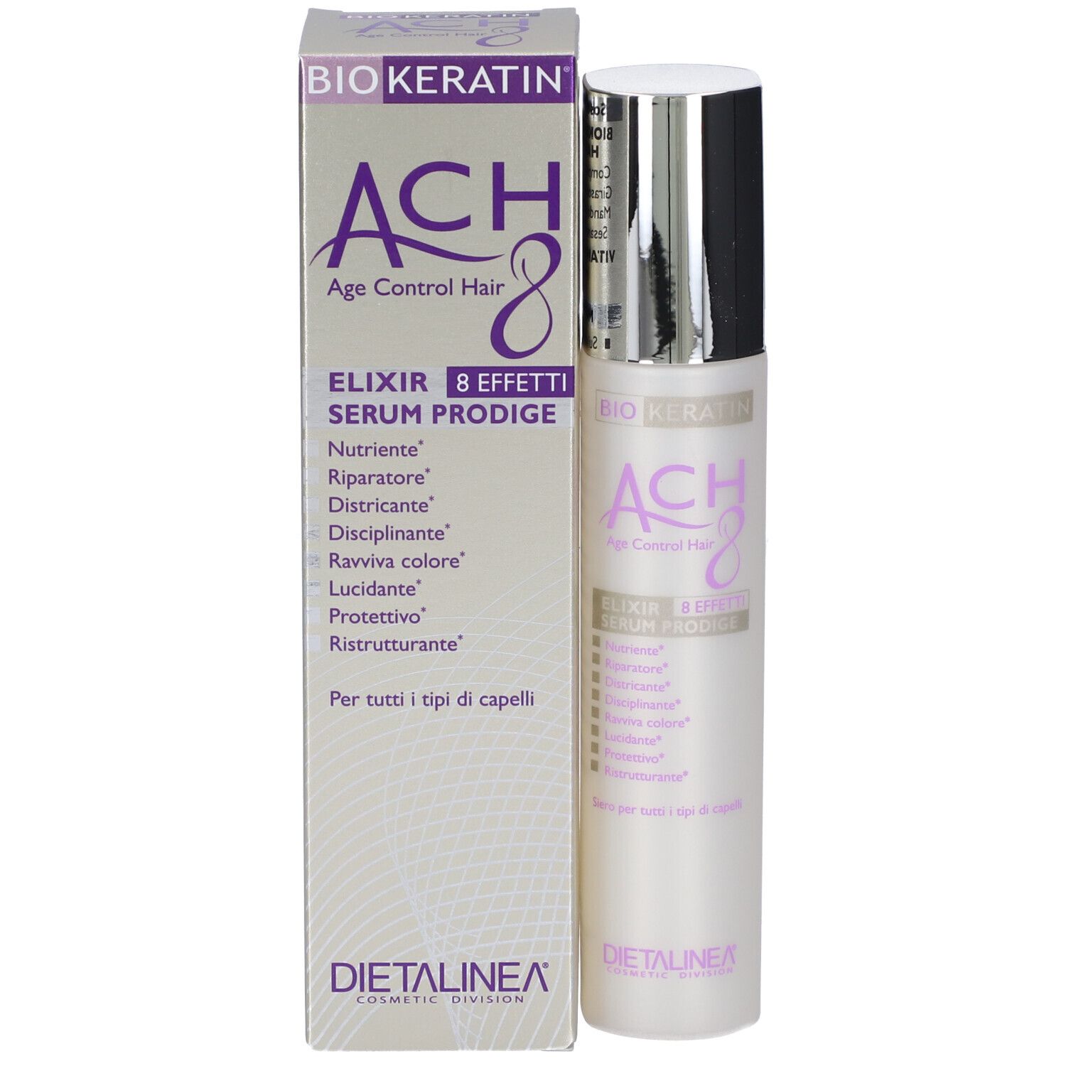 BIO KERATIN ACH8 Age Control Hair Elixir Serum Prodige in einer weißen Flasche mit silbernem Verschluss und Kartonverpackung.