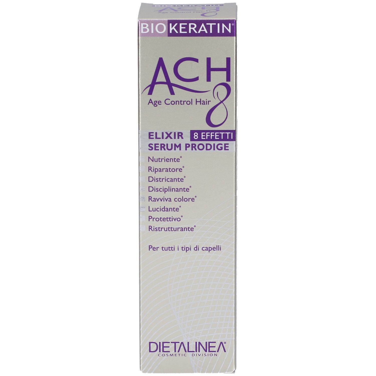 Verpackung für ACH 8 Age Control Hair Elixir Serum Prodigé von Dietalinea. Enthält Bio-Keratin.