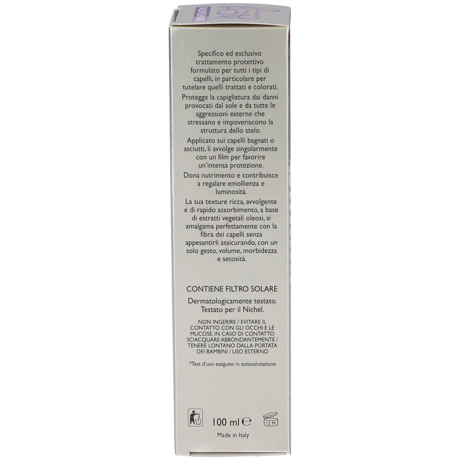 Verpackung eines Haarpflegeprodukts mit 100 ml Inhalt, Made in Italy.