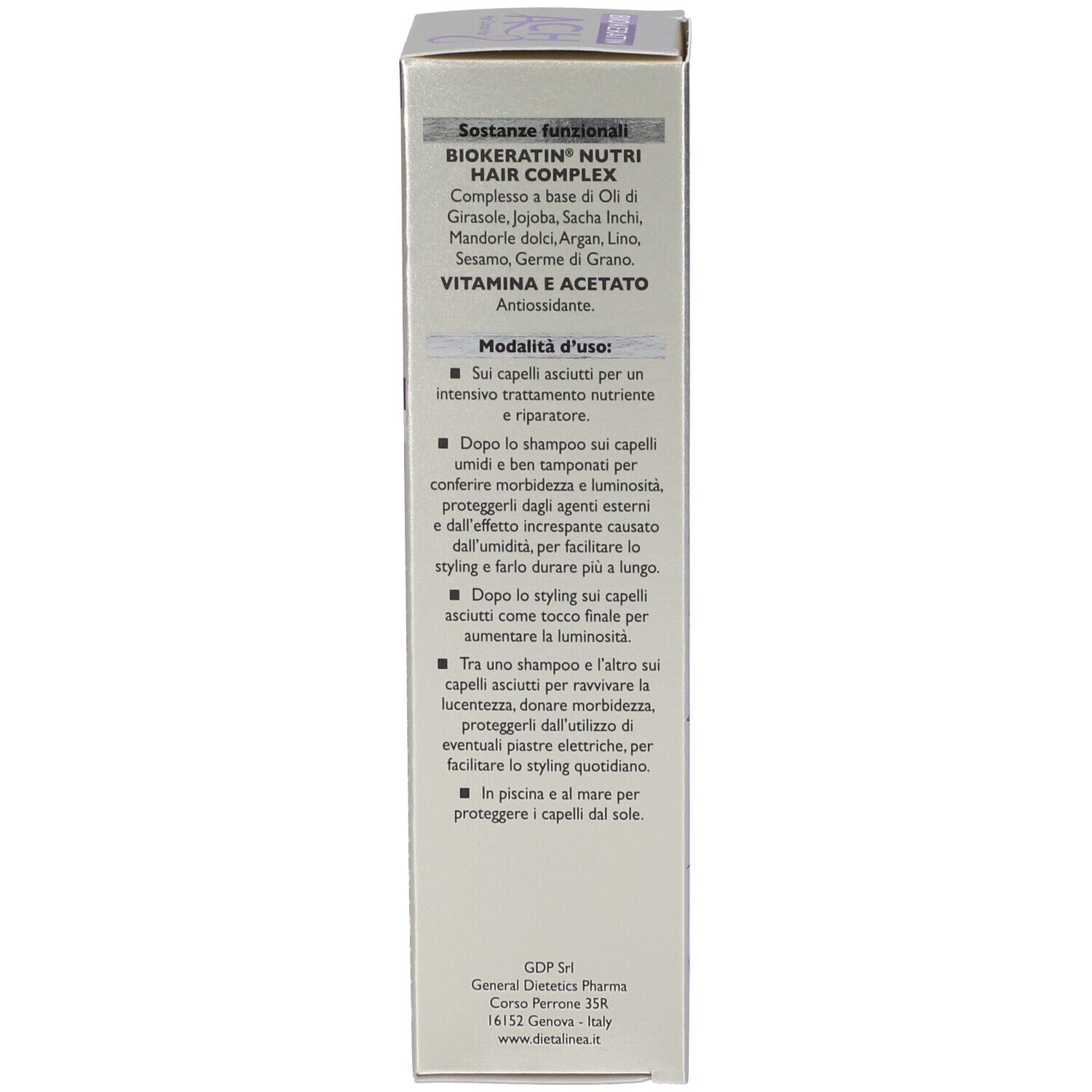 Verpackung für BIOKERATIN NUTRI HAIR COMPLEX mit Inhaltsstoffen und Anwendungshinweisen.