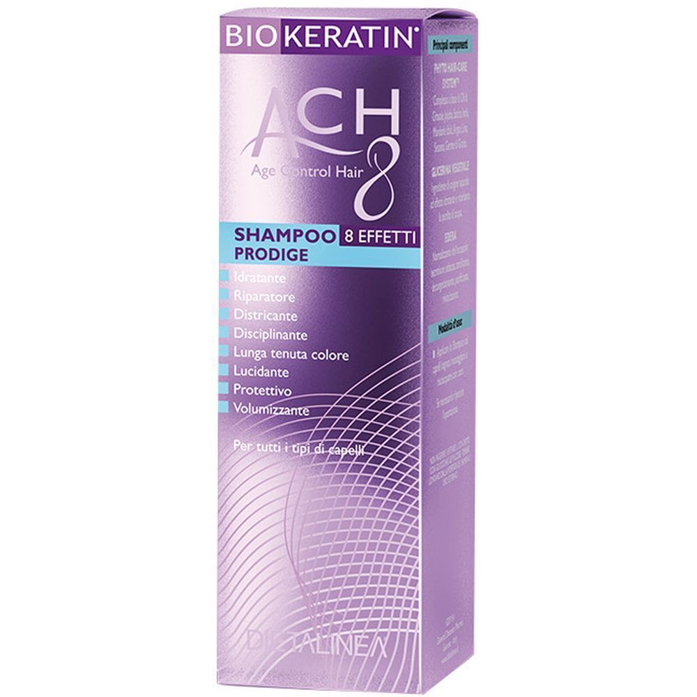 Scatola viola con nome prodotto BIO KERATIN ACH 8. Scritta: SHAMPOO 8 EFFETTI PRODIGE. Elenco delle proprietà.