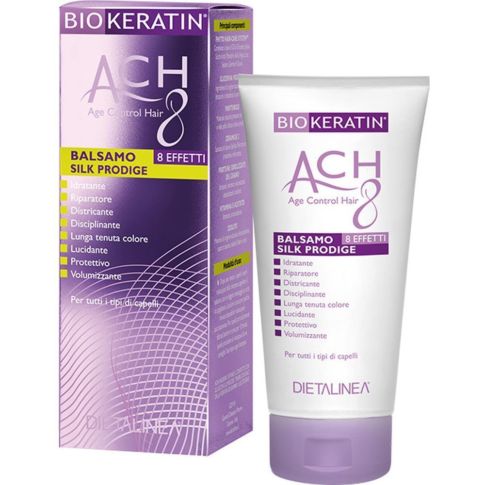 Confezione prodotto con testo BIO KERATIN, ACH 8, Balsamo Silk Prodige. Tubo e scatola affiancati.