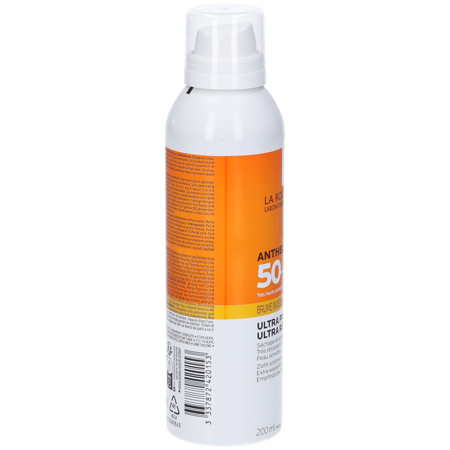 Spray Anthelios 50+ La Roche-Posay. Retro del flacone con testo. 200ml.