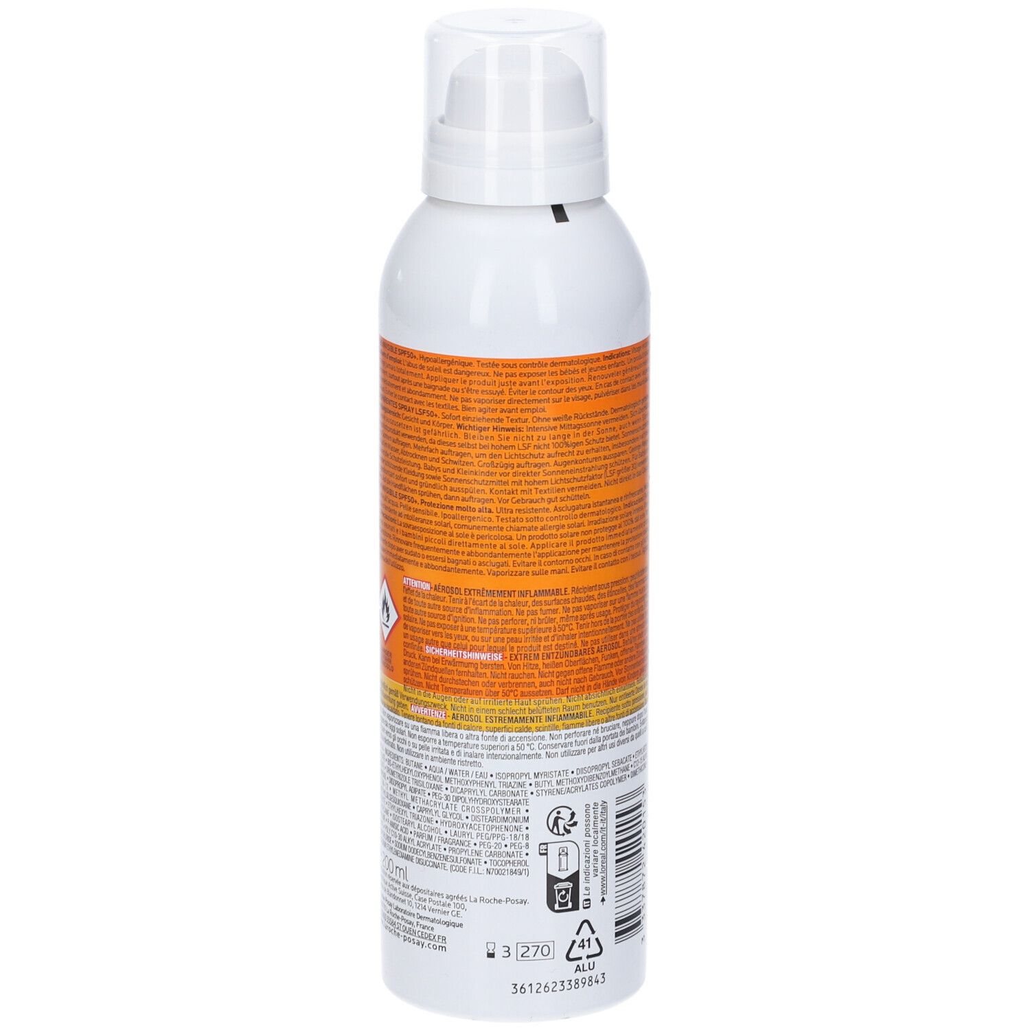 Spray Anthelios 50+ La Roche-Posay. Retro del flacone con testo e avvertenze. 200ml.
