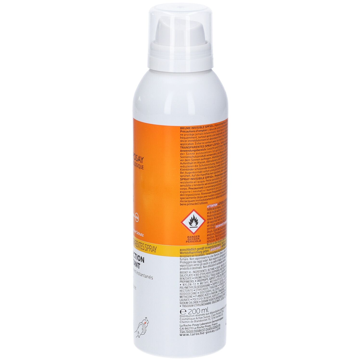 Spray Anthelios 50+ La Roche-Posay. Retro del flacone con testo e avvertenze. 200ml.