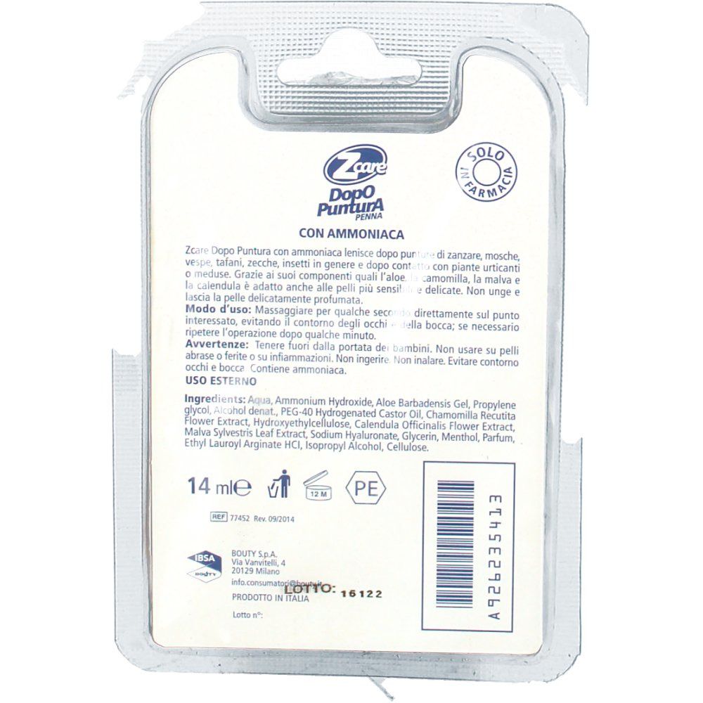 Dos de l'emballage blister. Texte : Zcare Dopo Puntura avec ammoniaque. Ingrédients et instructions d'utilisation.