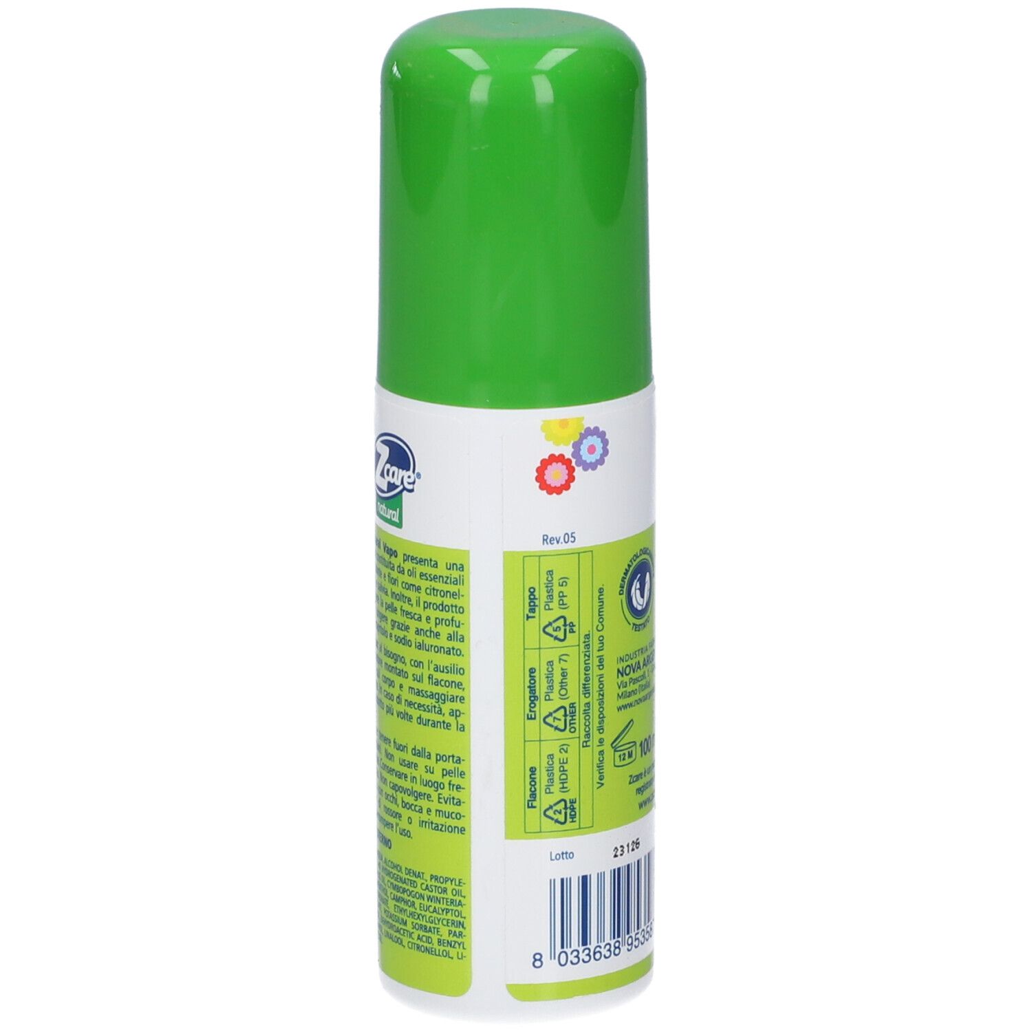 Rückseite einer grünen Sprühflasche. Text in italienischer Sprache. Recycling-Symbole und Barcode.