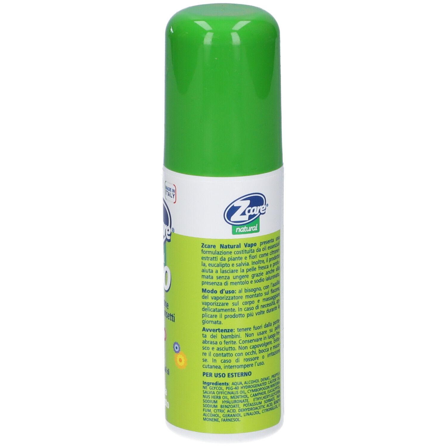 Rückseite einer grünen Sprühflasche. Text in italienischer Sprache. Inhaltsstoffe und Anwendungshinweise.
